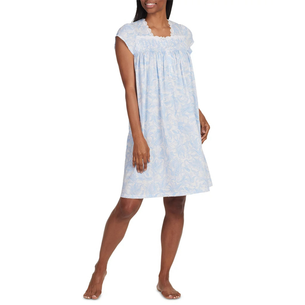 Miss Elaine Size Small Blue & White Paisley Nightgown, Silkyknit Sleep-Dress NWT